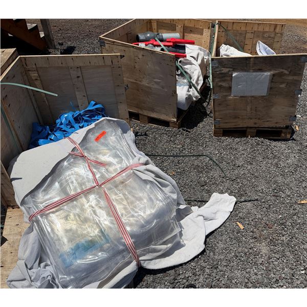 Qty 2 Bundles Plastic Sheeting, Bin PVC Shut-Off Ball Valves & Bin Metal Pipes & Cable