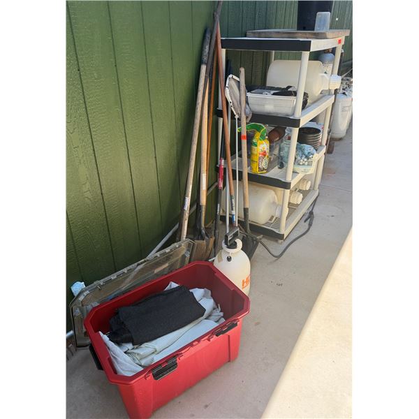 Multiple Landscape Tools: Rakes, Shovels, etc w/ Plastic Shelf, Bottles & Cooler