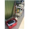 Image 1 : Multiple Landscape Tools: Rakes, Shovels, etc w/ Plastic Shelf, Bottles & Cooler