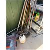 Image 3 : Multiple Landscape Tools: Rakes, Shovels, etc w/ Plastic Shelf, Bottles & Cooler