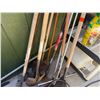 Image 6 : Multiple Landscape Tools: Rakes, Shovels, etc w/ Plastic Shelf, Bottles & Cooler