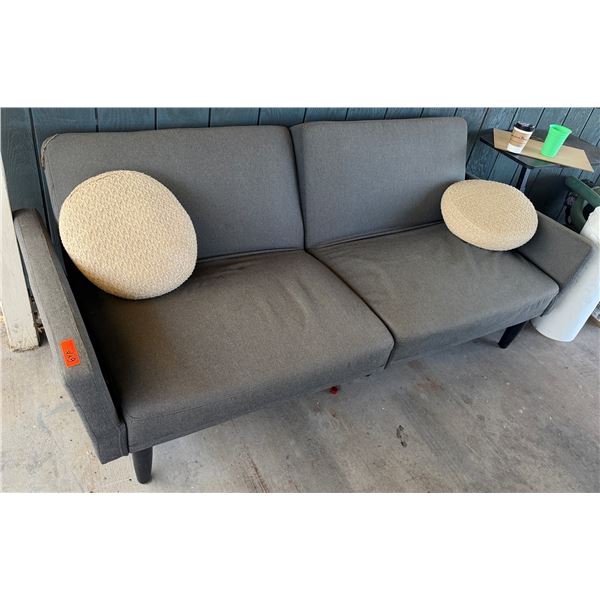 Gray 2-Seat Sofa w/ 2 Throw Pillows 83" x 31" x 22"H (sofa has loose arms)