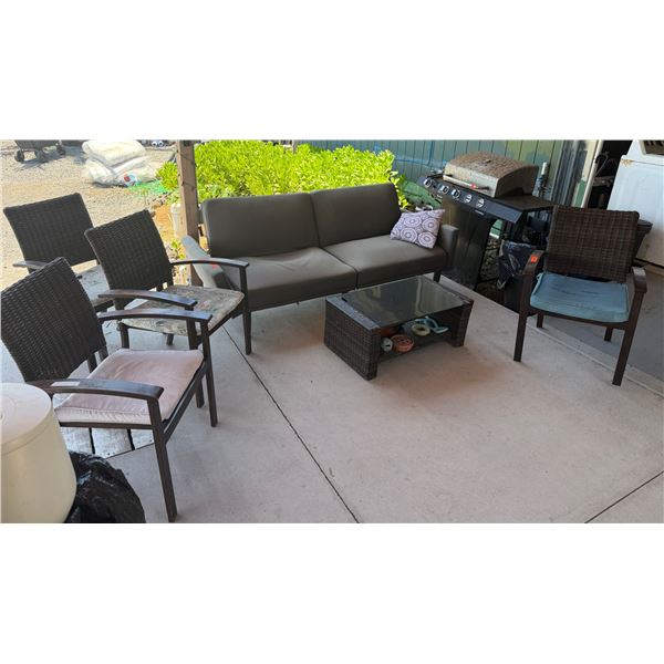 Char-Broil Grill w/ Outdoor Furniture: 2-Seat Sofa, Woven Chairs, Coffee Table, etc