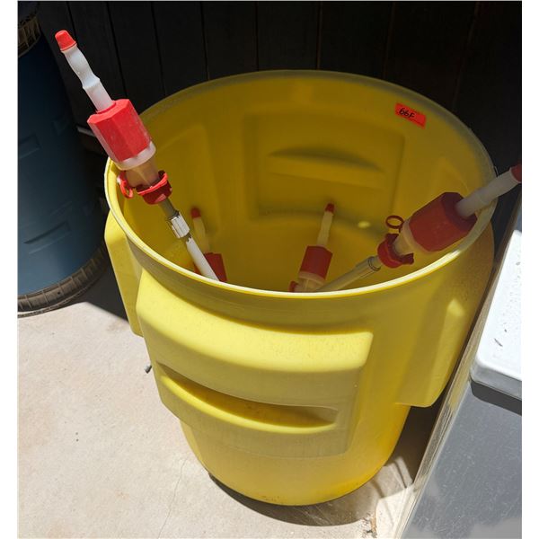 Yellow Drum w/ Multiple Plastic Manual Siphon Pumps