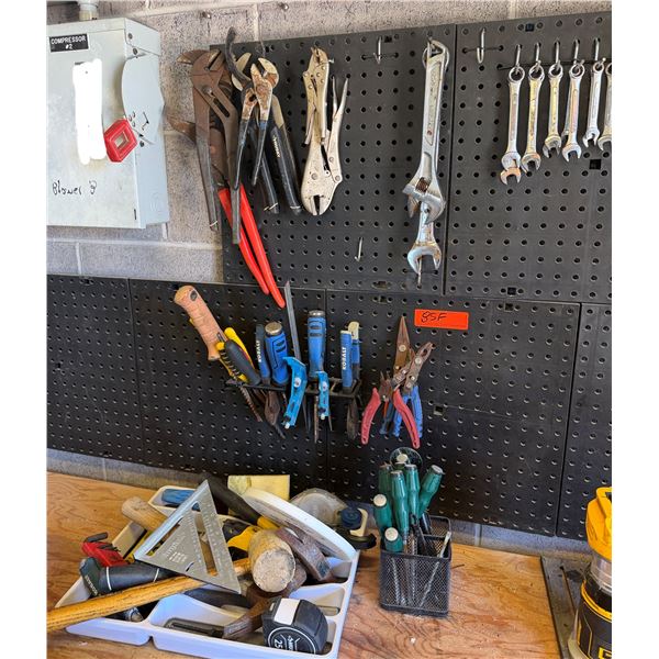 Multiple Hand Tools on Pegboard Rack: Wrenches, Pliers, Snips, Screwdrivers, etc