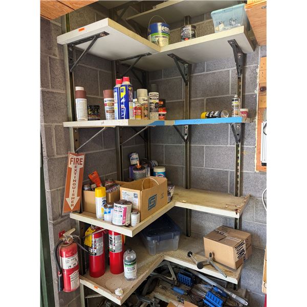 Contents of Shelf: Fire Extinguishers, Adhesives, WD-40, Paint, etc (shelf not included)