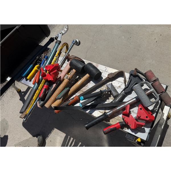 Multiple Hand Tools: Mallets, Pry Bars, Pliers, Snips, Files, Caulking Gun, Angle Clamps, etc