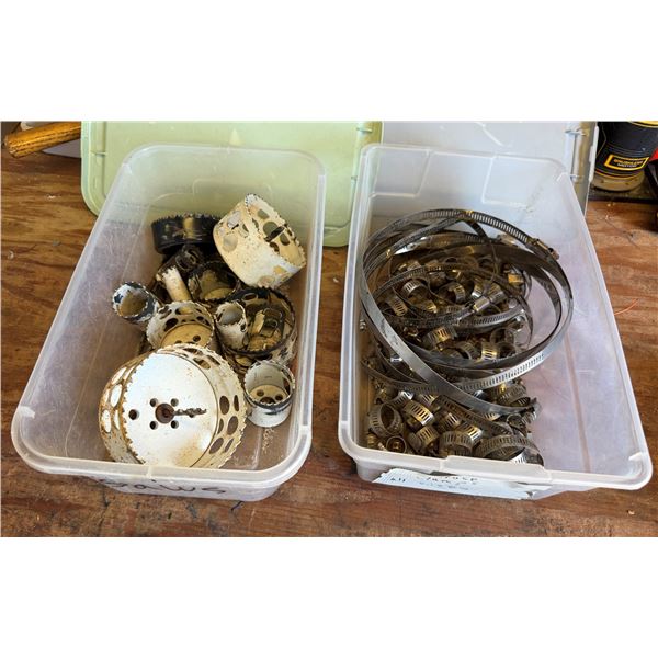 Qty 2 Bins Clamps, Hole Saw Blades, etc Misc Sizes