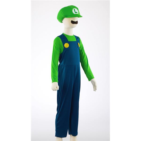 Lot of 2 Kids Luigi Costumes (Size L) With Coveralls, Hat, Mustache, & Gloves - New