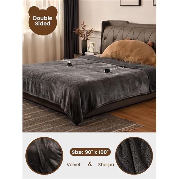 Bearhug King Size Electric Heated Blanket (100" x 90") Dual-Controls, 10 Heat Levels (Gray) - New