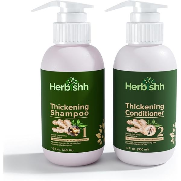 Herbishh Thickening Shampoo & Conditioner Set (300ml) For All Hair Types, w/ Ginger Extract - New