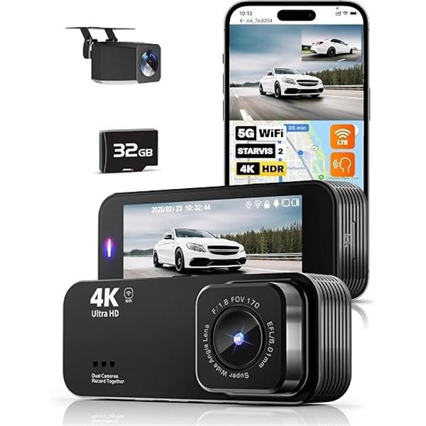 Dual Dash Cam 4K + 1080P (Front + Rear) with 5G WiFi, Built-In 32GB Card, Night Vision - NEW SEALED