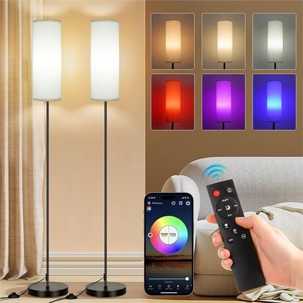 2-Pack Smart/App Control RGB LED Floor Lamps (67" Tall) Dimmable/Adjustable Color w/ Remote - New