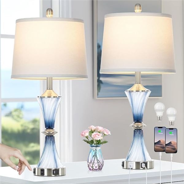 Set of 2 Modern Blue Glass Table Lamps w/ USB-C/A Charging Port Base & Outlet; LED Bulbs Incl - NEW