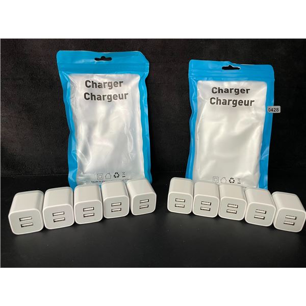 Lot of 10 Dual-USB Port Charging Blocks/Dual-USB Cube Wall Chargers - New