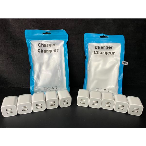 Lot of 10 Dual-USB Port Charging Blocks/Dual-USB Cube Wall Chargers - New