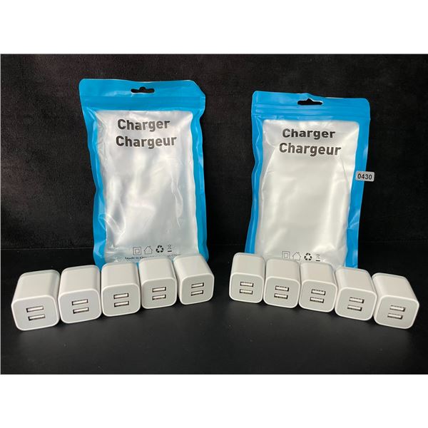 Lot of 10 Dual-USB Port Charging Blocks/Dual-USB Cube Wall Chargers - New