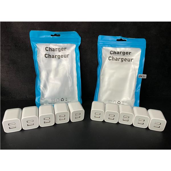 Lot of 10 Dual-USB Port Charging Blocks/Dual-USB Cube Wall Chargers - New