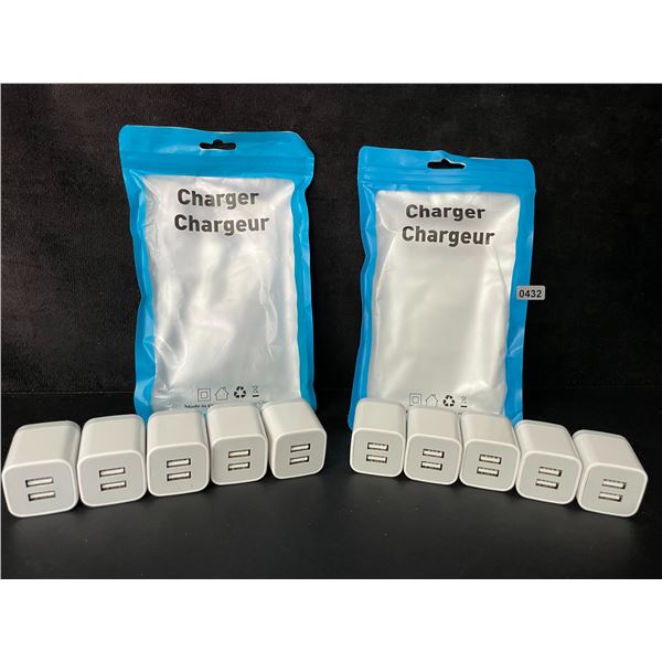 Lot of 10 Dual-USB Port Charging Blocks/Dual-USB Cube Wall Chargers - New