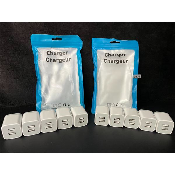 Lot of 10 Dual-USB Port Charging Blocks/Dual-USB Cube Wall Chargers - New