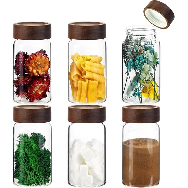 6-Pack Airtight Glass Jars/Small Spice Storage Cannisters with Wooden Lid (6 x 250ml Jars) New!