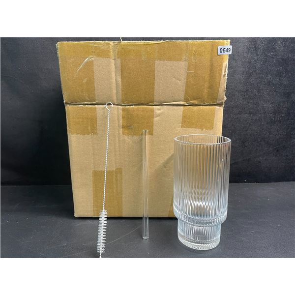 Box of 6 Ribbed/Striped Drinking Glasses with Glass Straws/Cleaning Brush - New