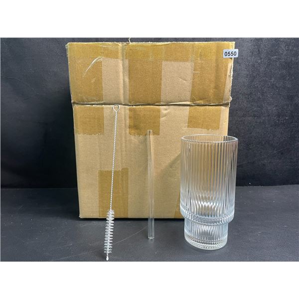 Box of 6 Ribbed/Striped Drinking Glasses with Glass Straws/Cleaning Brush - New