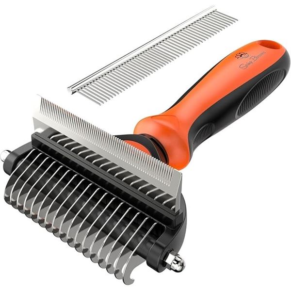 2-in-1 Professional Pet Grooming Rake/Dematting Detangler Comb for Dogs & Cats - New/Dmg Box