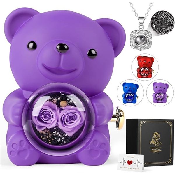Eternal Love Purple Teddy Bear Gift Set with Preserved Roses & Necklace - New