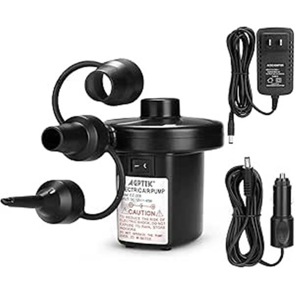 AGPTEK Two-Way Electric Air Pump (Inflator/Deflator) with 3 Nozzles/110V AC Plug & 12V DC Plug - New