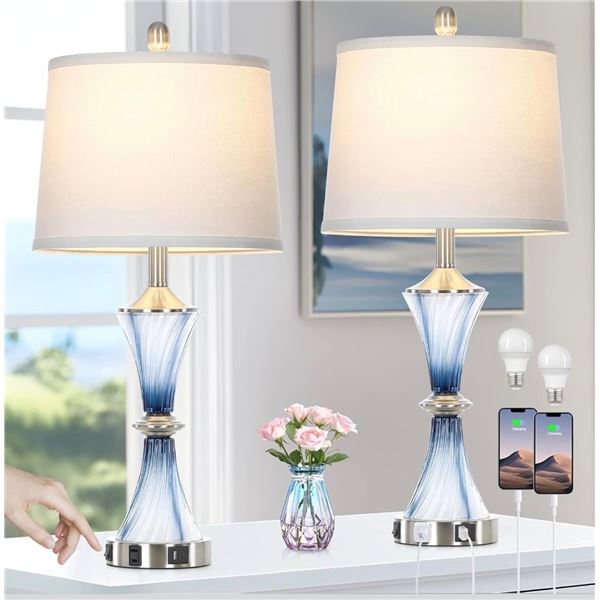Set of 2 Modern Blue Glass Table Lamps w/ USB-C/A Charging Port Base & Outlet; LED Bulbs Incl - NEW