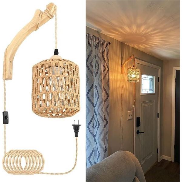 Frideko Rattan Farmhouse Hanging Wall Lamp with Plug-In Cord; Hand-Woven Rope Design - New