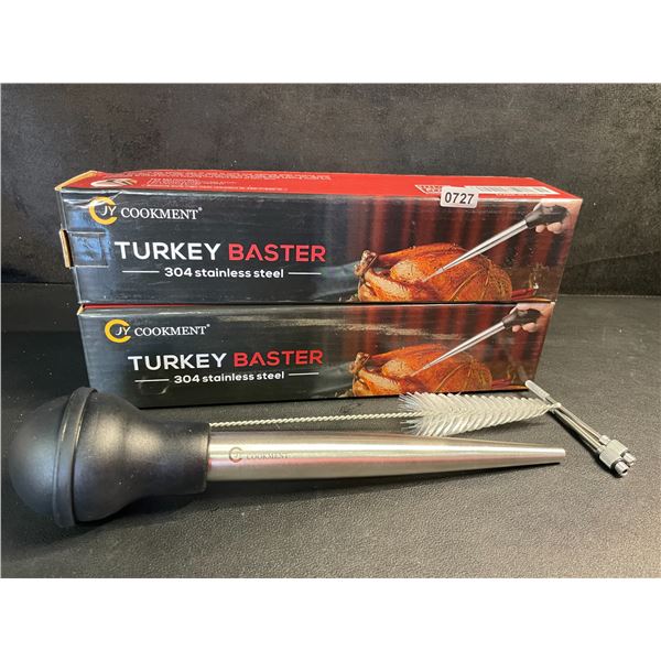 Lot of 2 JY Cookment Stainless Steel Turkey Basters/Syringes for Cooking with Cleaning Brush - New
