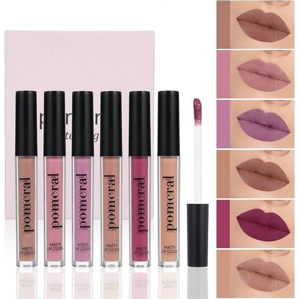 6-Pack Pomcral Matte Lip Gloss/Velvet Lip Glazes - Moisturizing/Waterproof Lip Tints - New