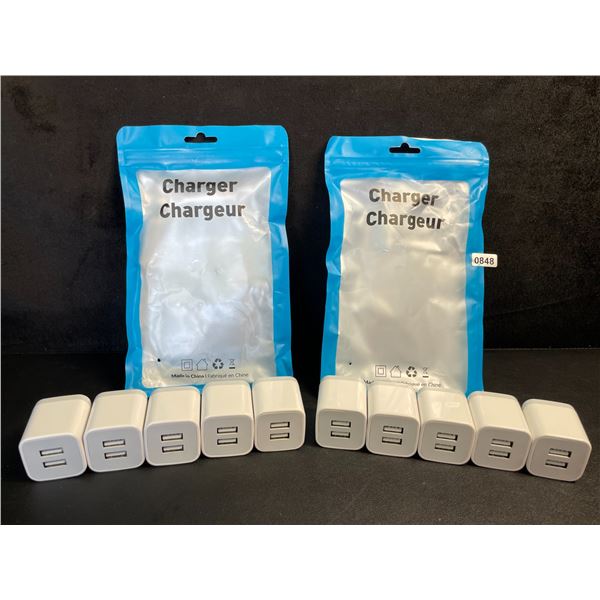 Lot of 10 Dual-USB Port Charging Blocks/Dual-USB Cube Wall Chargers - New