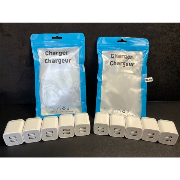Lot of 10 Dual-USB Port Charging Blocks/Dual-USB Cube Wall Chargers - New