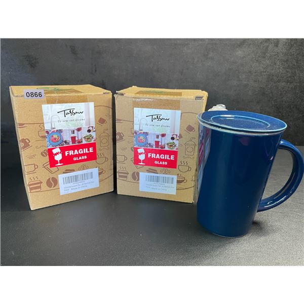 Lot of 2 Ceramic Tea Mugs with Infuser & Lid (14oz) Dark Blue - For Steeping Loose-Leaf Tea - New