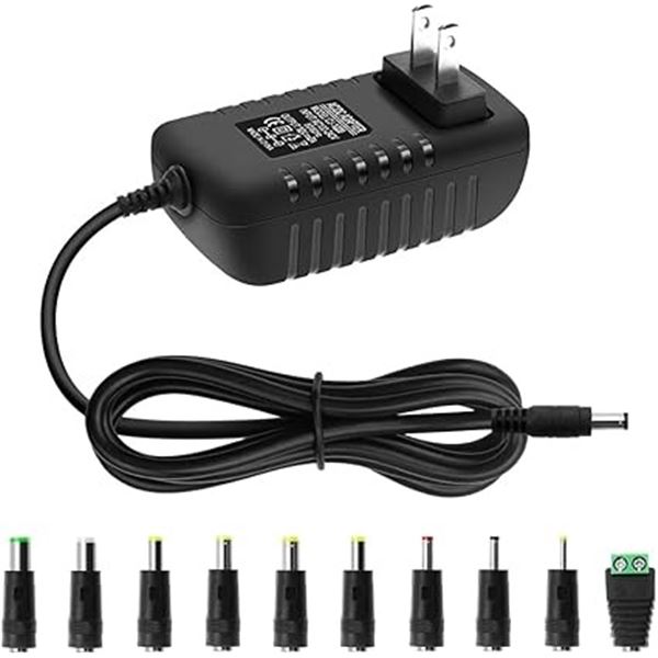 Lot of 4 12V 2A Power Supply Adapters with 10 Assorted DC Plugs/Tips/Connectors - New