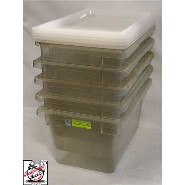 FIVE CAMBRO POLYCARB STORAGE BINS W/ 5 LIDS