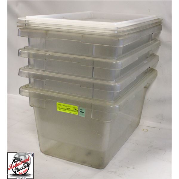 FOUR CAMBRO POLYCARB STORAGE BINS W/ 4 LIDS