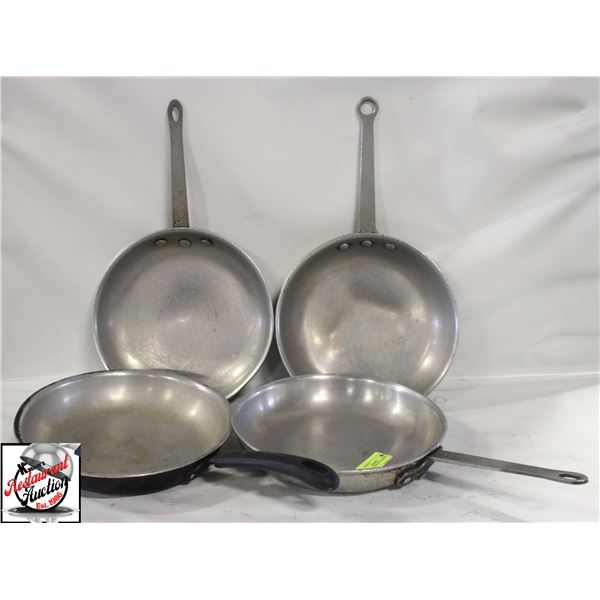 FOUR 10" ALUMINUM COMMERCIAL FRYING PANS
