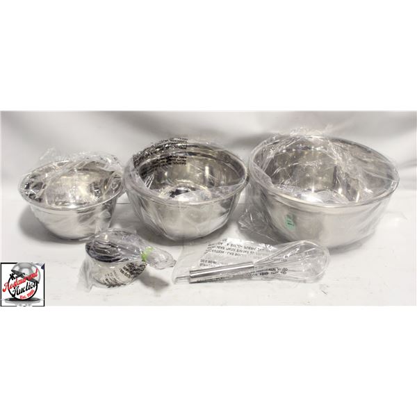 LOT OF 3 S/S MIXING BOWLS, WHISK, MEASURING CUPS