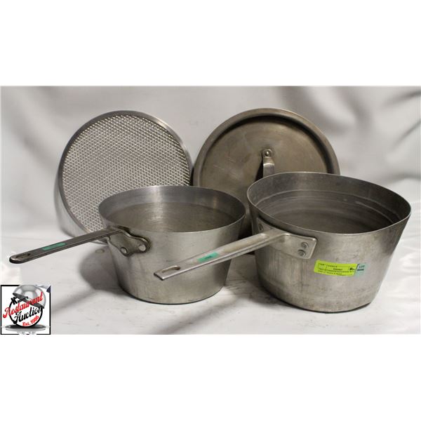 TWO ALUMINUM SAUCEPANS W/ LID AND 12" PIZZA SCREEN