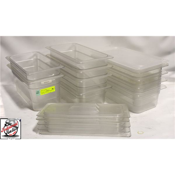 LOT OF 1/3 SIZE POLY INSERTS W/ DRIP TRAYS & LIDS
