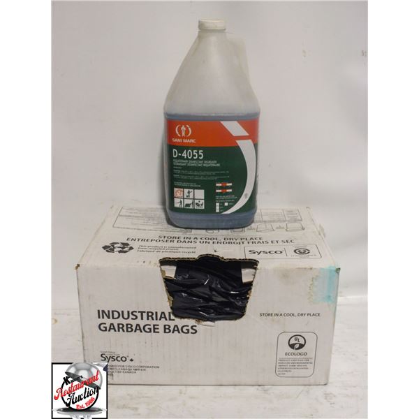 INDUSTRIAL GARBAGE BAGS & PARTIAL JUG OF DEGREASER