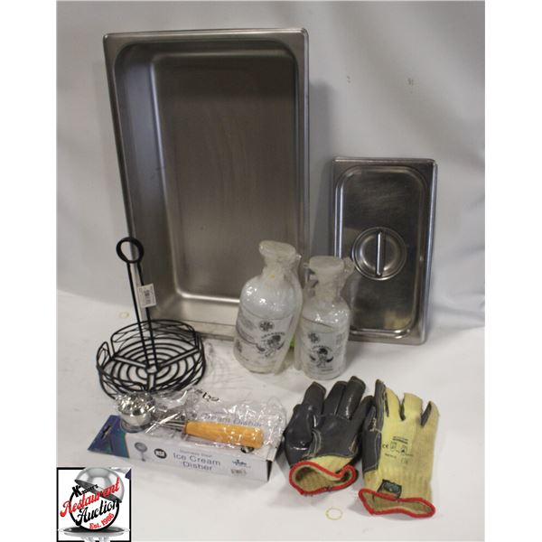 ONE FULL-SIZE 4" DEEP S/S INSERT W/ MISC ITEMS