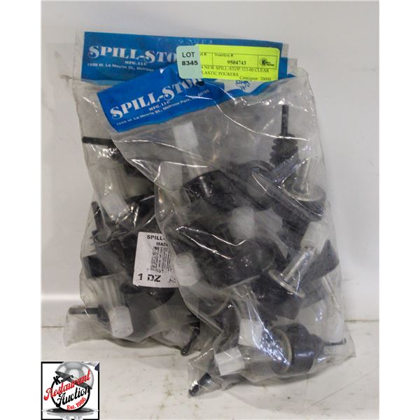 24 NEW SPILL-STOP 323-00 CLEAR PLASTIC POURERS