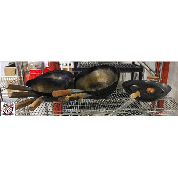 BAILIFF SEIZURE: LOT OF 8 WOKS AND 2 FRYING PANS