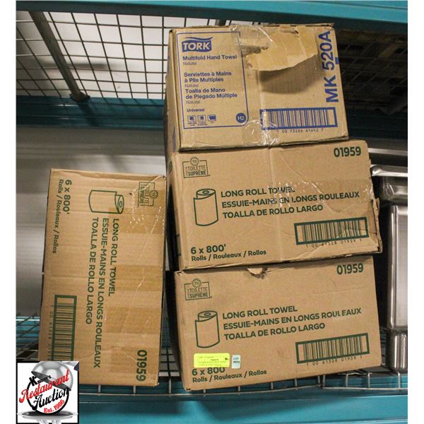 3 CASES OF LONG ROLL PAPER TOWEL & TORK NAPKINS