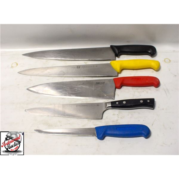 5 ASSORTED KITCHEN KNIVES: HENCKELS, PADERNO &
